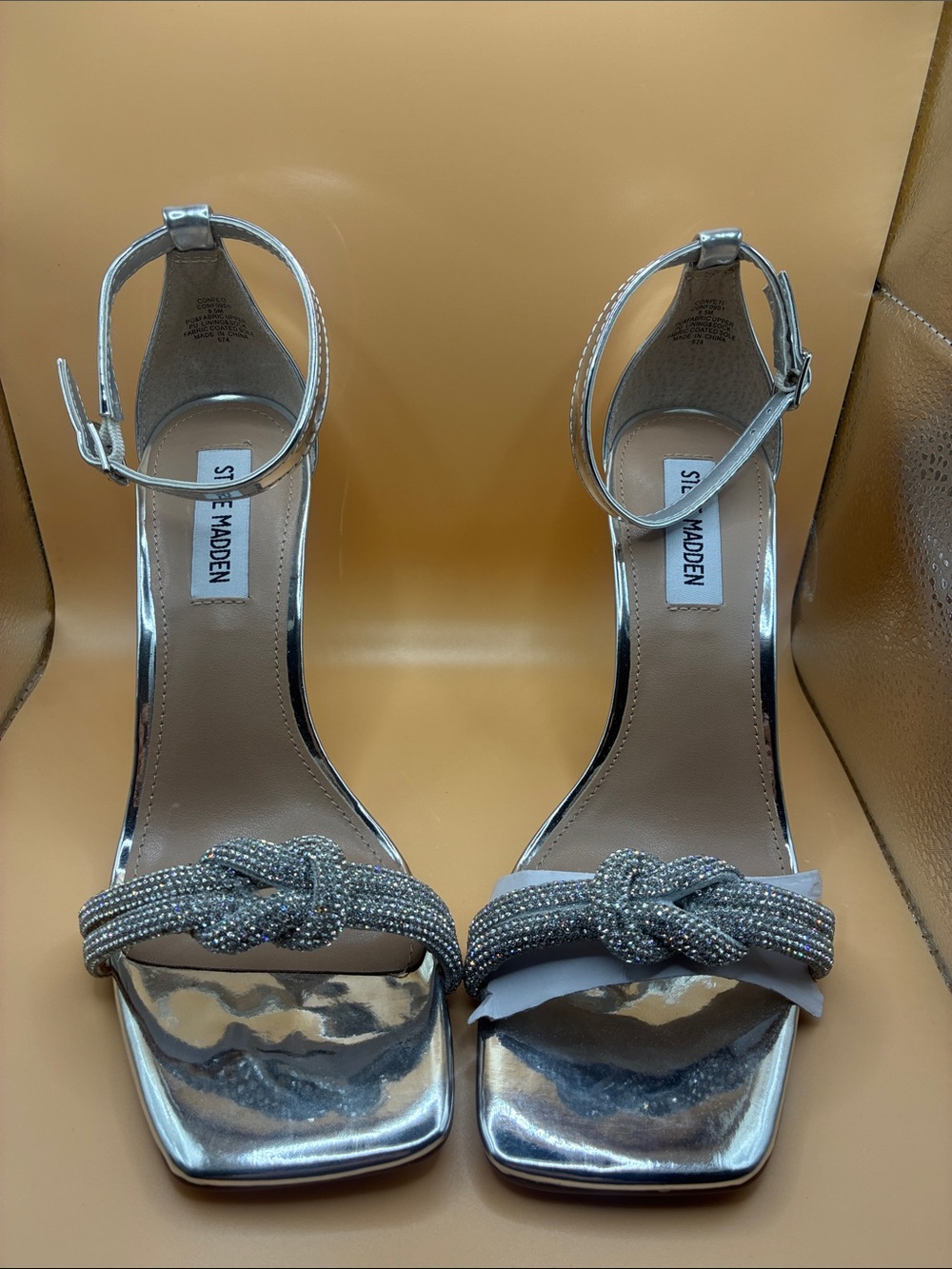 Steve Madden Confeti Silver Rhinestone Knot‎ Heels Sandals Women’s 8.5